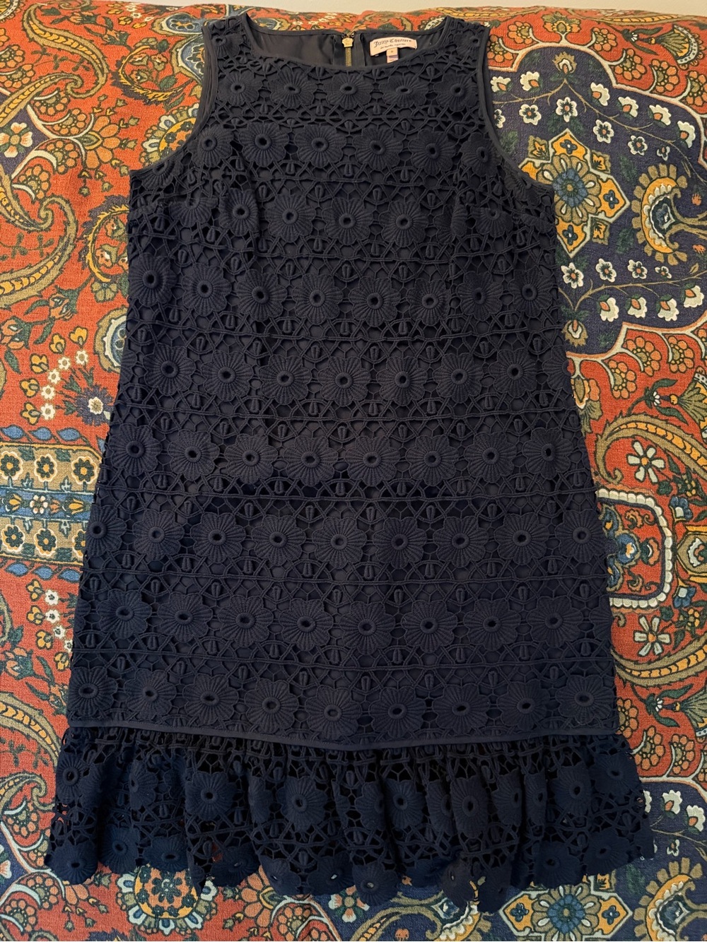 Juicy Couture Guipure Lace Mini Dress navy blue floral eyelet fabric